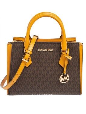 MICHAEL MK "HOPE" LOGO 🤎BROWN & MARIGOLD💛 MEDIUM MESSENGER BAG 💛LIKE NEW💛